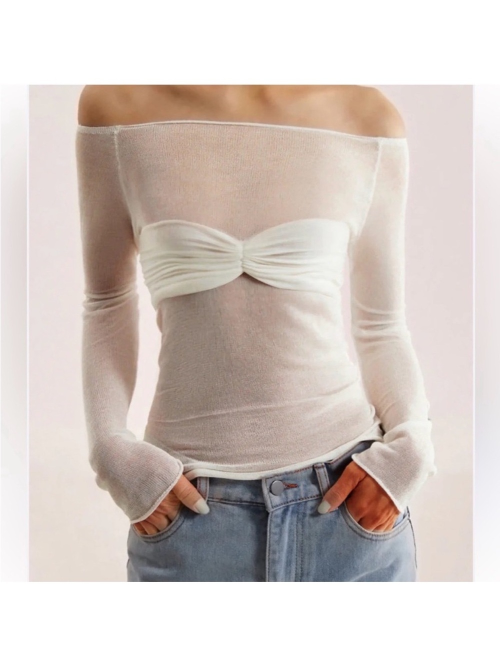 Commense Off-the-Shoulder Cream Twist-Front Sweater